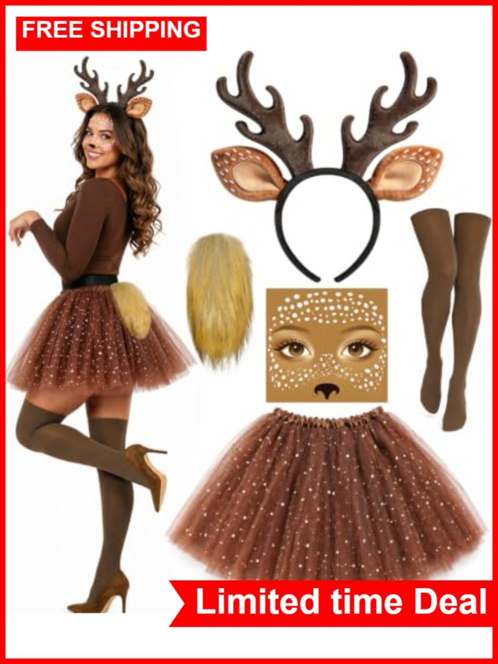 5 Piece Adult Deer Costume Set with Antler Headband Tutu Tail Socks Stickers